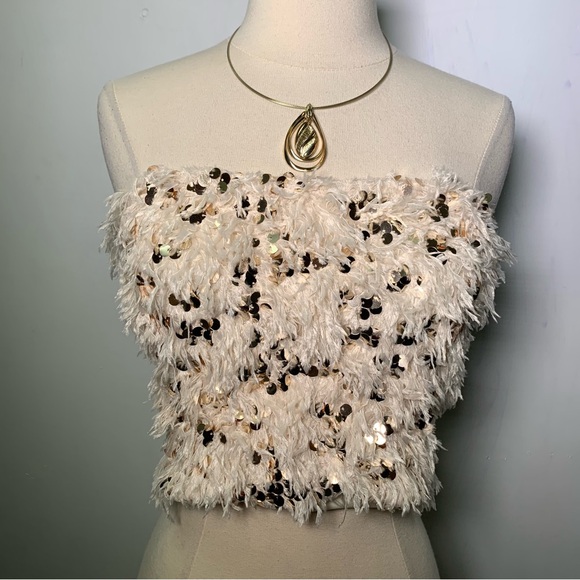 ZARA NWT Fuzzy Feathers Sequin Tube Top strapless Size S ref 2157/240 festival - Picture 1 of 10